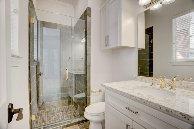 13502 Winter Creek Ct, Houston, TX 77077 - full bathroom with vanity, toilet, and a shower stall