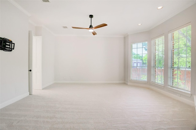 13502 Winter Creek Ct, Houston, TX 77077 - spare room featuring ornamental molding, light carpet, baseboards, ceiling fan, and recessed lighting