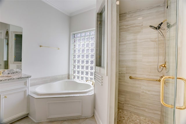 13502 Winter Creek Ct, Houston, TX 77077 - bathroom featuring vanity, a bath, a shower stall, and ornamental molding