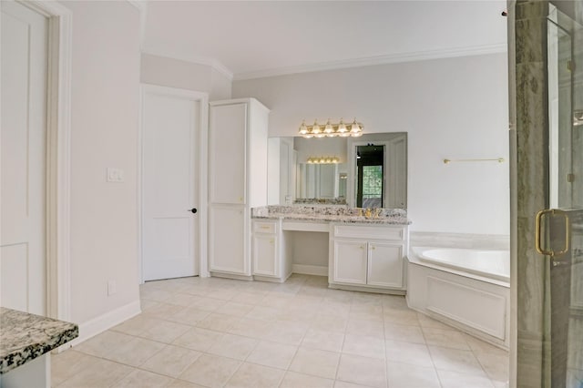 13502 Winter Creek Ct, Houston, TX 77077 - bathroom featuring ornamental molding, a garden tub, a shower stall, vanity, and tile patterned flooring