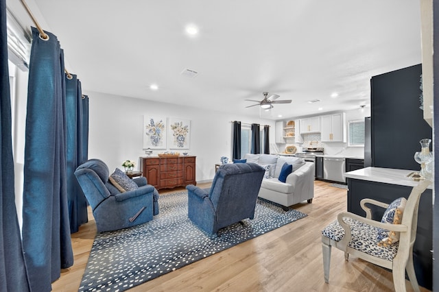 3363 Deer Ledge, Caldwell, TX 77836 - living room with ceiling fan, light wood-style floors, and recessed lighting