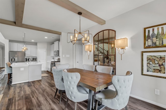 15818 Grampian Reach Ln, Humble, TX 77346 - dining area featuring beam ceiling, dark wood-type flooring, a chandelier, stairway, and recessed lighting