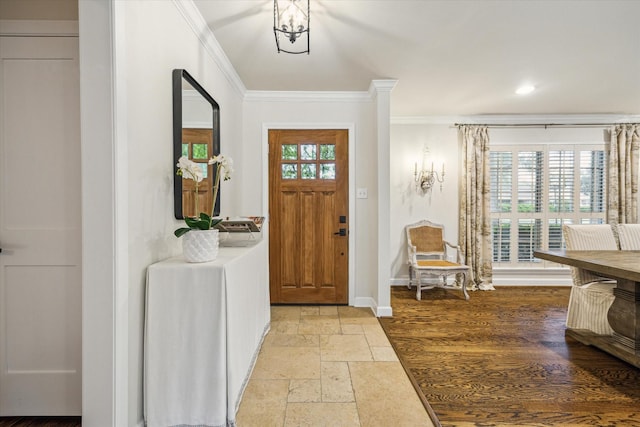 7810 Pagewood Ln, Houston, TX 77063 - foyer with ornamental molding, stone tile floors, baseboards, and recessed lighting