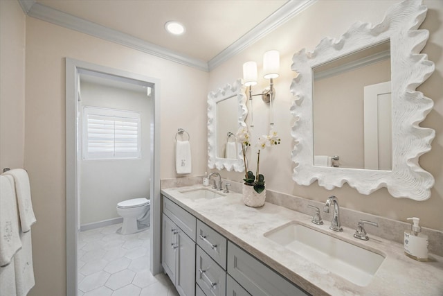 7810 Pagewood Ln, Houston, TX 77063 - bathroom with double vanity, ornamental molding, tile patterned flooring, toilet, and recessed lighting