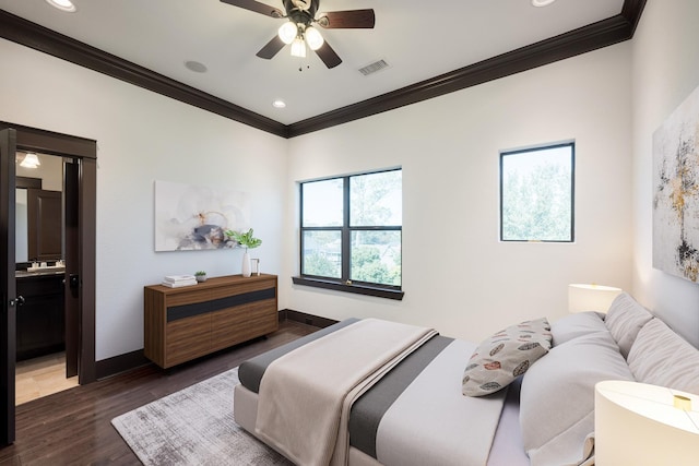 406 Fenn St Unit B, Houston, TX 77018 - bedroom with crown molding, dark wood-type flooring, baseboards, recessed lighting, and ensuite bath
