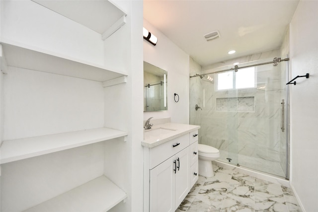 80 Rd 5608, Cleveland, TX 77327 - full bath with marble look tiles, a marble finish shower, toilet, vanity, and recessed lighting