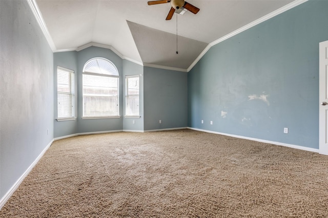 2803 Youpon Glen Way, Fresno, TX 77545 - unfurnished room featuring ceiling fan, ornamental molding, carpet flooring, lofted ceiling, and baseboards