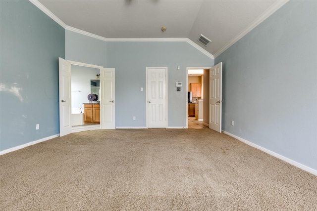 2803 Youpon Glen Way, Fresno, TX 77545 - unfurnished bedroom featuring ornamental molding, light carpet, connected bathroom, baseboards, and high vaulted ceiling