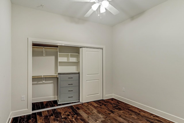 1011 Studemont St Unit 304, Houston, TX 77007 - unfurnished bedroom featuring dark wood-type flooring, baseboards, a closet, and a ceiling fan