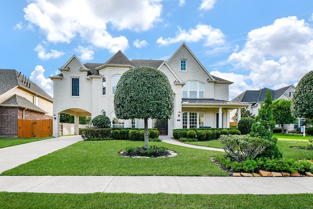 902 Delford Way, Sugar Land, TX 77479 - french country home with driveway, brick siding, a gate, and a standing seam roof
