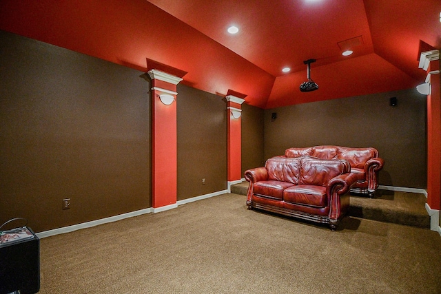 902 Delford Way, Sugar Land, TX 77479 - carpeted cinema room with decorative columns, recessed lighting, vaulted ceiling, and baseboards
