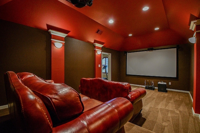 902 Delford Way, Sugar Land, TX 77479 - carpeted home theater room with decorative columns, vaulted ceiling, recessed lighting, and baseboards