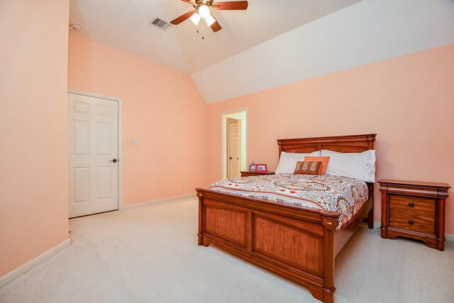 902 Delford Way, Sugar Land, TX 77479 - bedroom with light carpet, baseboards, vaulted ceiling, and ceiling fan