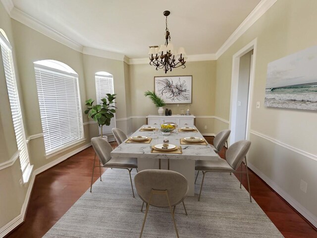 3003 Mystic Frst, Missouri City, TX 77459 - dining space featuring plenty of natural light, a chandelier, dark wood finished floors, ornamental molding, and baseboards