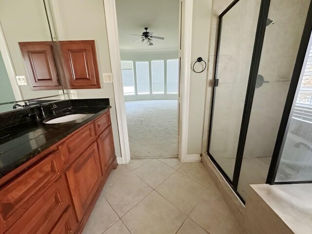 3003 Mystic Frst, Missouri City, TX 77459 - full bath with vanity, ceiling fan, a stall shower, tile patterned floors, and plenty of natural light