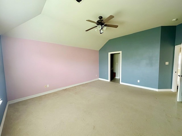 3003 Mystic Frst, Missouri City, TX 77459 - unfurnished room with vaulted ceiling, ceiling fan, baseboards, and carpet flooring