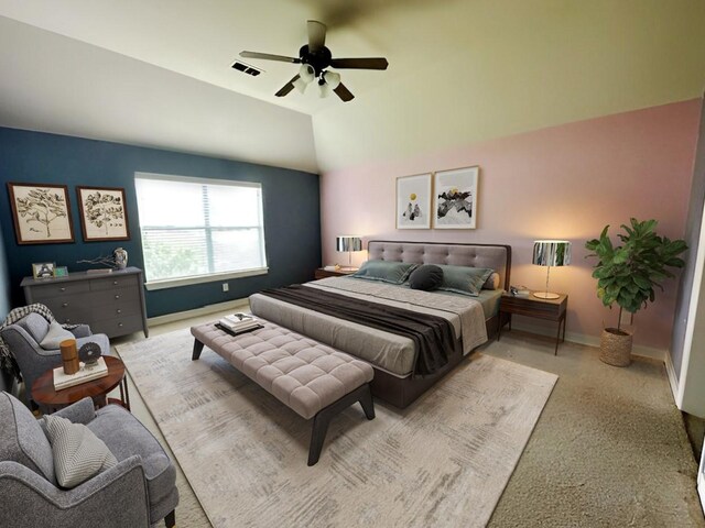 3003 Mystic Frst, Missouri City, TX 77459 - bedroom featuring baseboards, light carpet, ceiling fan, and vaulted ceiling