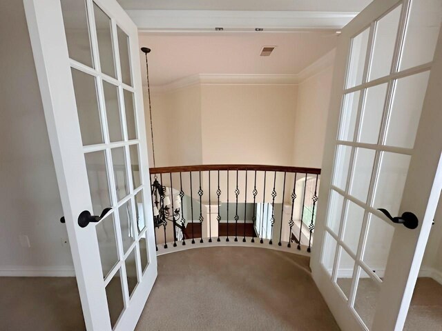 3003 Mystic Frst, Missouri City, TX 77459 - corridor with french doors, carpet flooring, ornamental molding, and baseboards