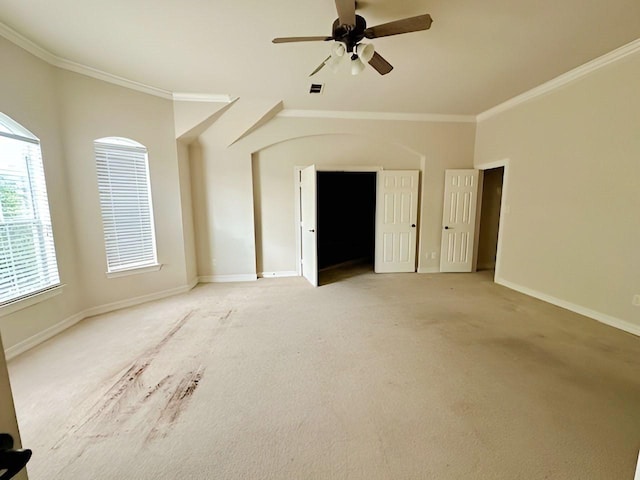 3003 Mystic Frst, Missouri City, TX 77459 - spare room with light colored carpet, ornamental molding, baseboards, and a ceiling fan
