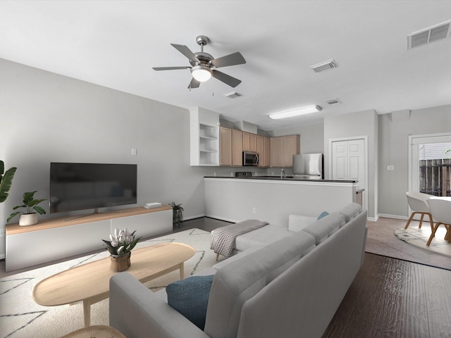 2234 Naomi St, Houston, TX 77054 - living area featuring baseboards, a ceiling fan, and dark wood-type flooring