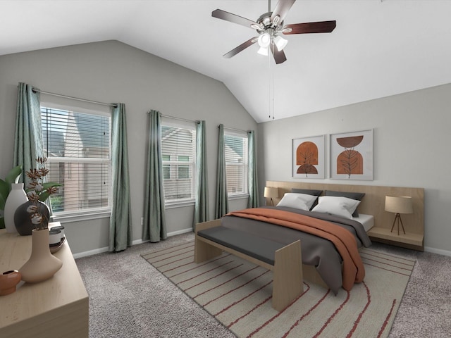 2234 Naomi St, Houston, TX 77054 - carpeted bedroom featuring lofted ceiling, baseboards, and a ceiling fan