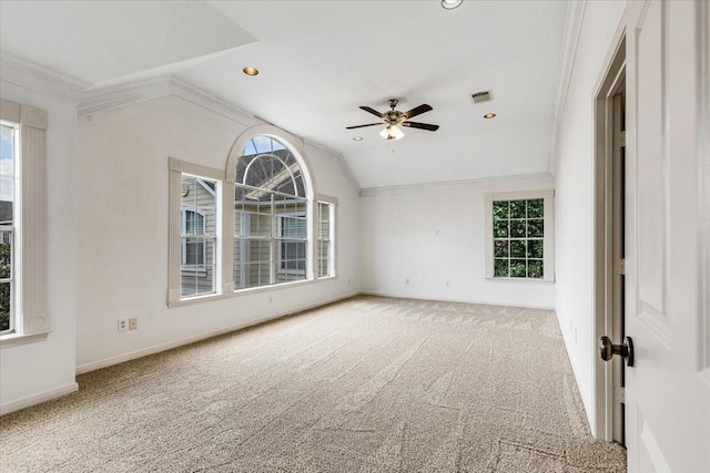 2263 Austin St, Houston, TX 77002 - empty room with ornamental molding, healthy amount of natural light, carpet flooring, ceiling fan, and vaulted ceiling