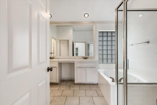 2263 Austin St, Houston, TX 77002 - full bathroom with a bath, vanity, tile patterned floors, and a shower with door