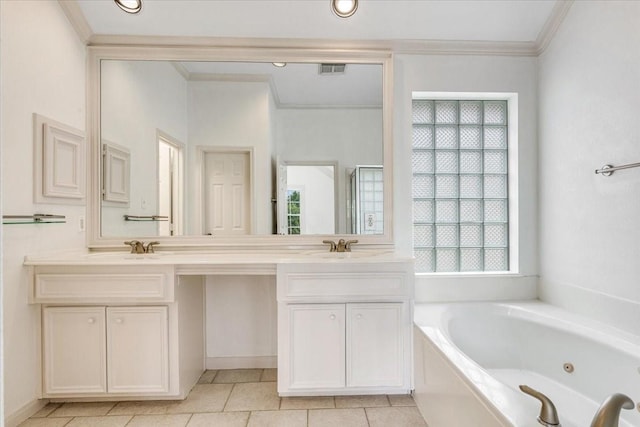 2263 Austin St, Houston, TX 77002 - full bath with ornamental molding, double vanity, tile patterned floors, and a tub with jets