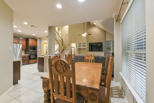 13814 Swan Hollow Ln, Houston, TX 77041 - dining room featuring light tile patterned flooring, recessed lighting, a ceiling fan, stairs, and baseboards