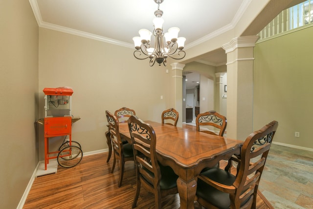 13814 Swan Hollow Ln, Houston, TX 77041 - dining area with ornate columns, crown molding, baseboards, and a chandelier