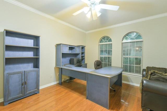 13814 Swan Hollow Ln, Houston, TX 77041 - office space featuring ceiling fan, light wood-style floors, ornamental molding, and baseboards