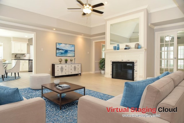 14103 Owens Rd, Houston, TX 77095 - living room with ceiling fan, light wood-style floors, a glass covered fireplace, baseboards, and recessed lighting