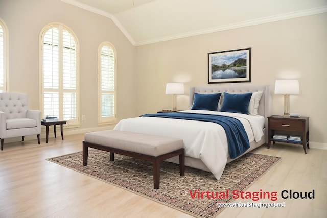 14103 Owens Rd, Houston, TX 77095 - bedroom featuring light wood-type flooring, multiple windows, ornamental molding, baseboards, and lofted ceiling