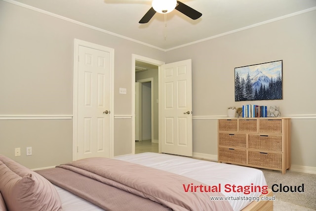 14103 Owens Rd, Houston, TX 77095 - carpeted bedroom with crown molding, baseboards, and a ceiling fan