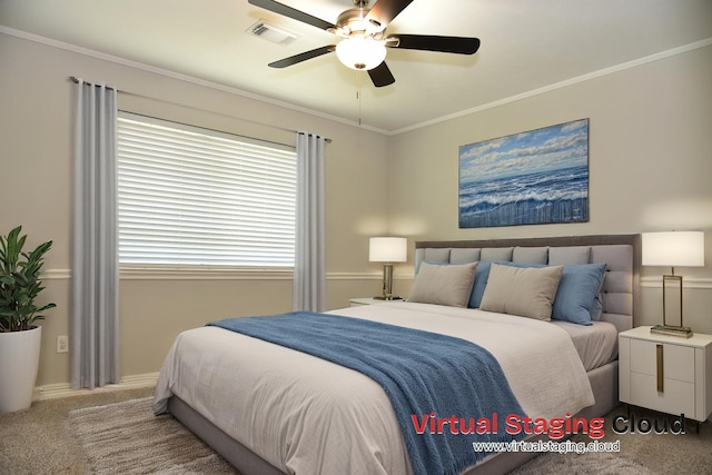 14103 Owens Rd, Houston, TX 77095 - bedroom featuring carpet flooring, crown molding, a ceiling fan, and baseboards
