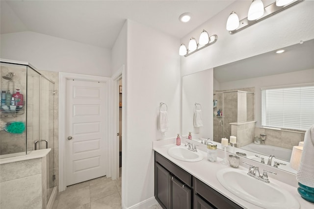 11607 Brookside Arbor Ln, Richmond, TX 77406 - full bathroom featuring a stall shower, double vanity, a bath, and tile patterned floors