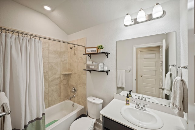 11607 Brookside Arbor Ln, Richmond, TX 77406 - full bath featuring shower / bath combo with shower curtain, vanity, lofted ceiling, toilet, and a textured wall