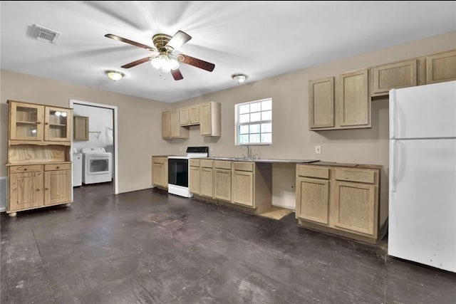 2000 E Beverly Dr, Shepherd, TX 77371 - kitchen with white appliances, light brown cabinets, a ceiling fan, glass insert cabinets, and a sink