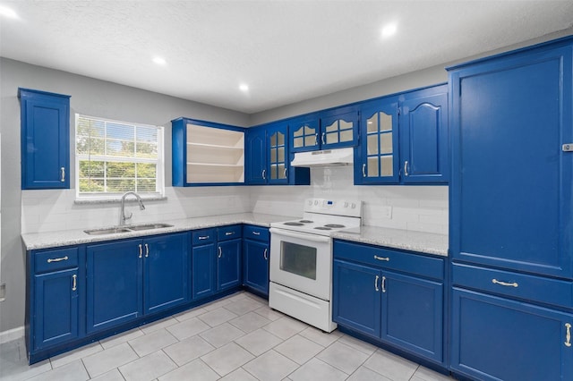 611 93rd St, Houston, TX 77012 - kitchen featuring electric range, a sink, under cabinet range hood, backsplash, and glass insert cabinets
