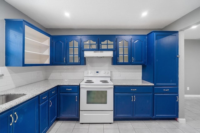 611 93rd St, Houston, TX 77012 - kitchen with electric range, under cabinet range hood, tasteful backsplash, glass insert cabinets, and recessed lighting