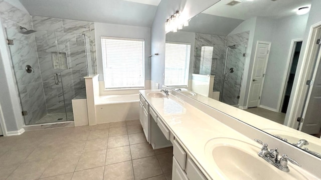 8106 Saragosa Blue Ln, Richmond, TX 77407 - full bathroom featuring a garden tub, a stall shower, double vanity, tile patterned floors, and lofted ceiling