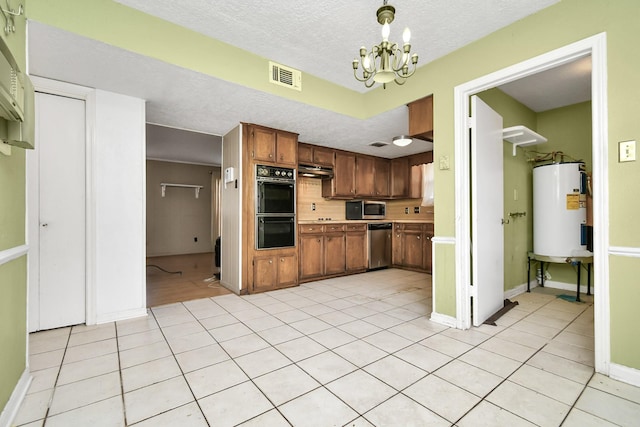 203 Kirkaldy Dr, Houston, TX 77015 - kitchen featuring electric water heater, stainless steel appliances, a textured ceiling, a chandelier, and light tile patterned floors
