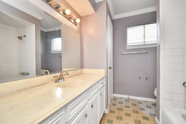 203 Kirkaldy Dr, Houston, TX 77015 - full bath with vanity, tile patterned floors, toilet, crown molding, and bathtub / shower combination