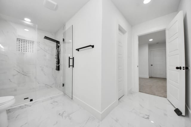 11503 Duane St, Houston, TX 77047 - bathroom featuring recessed lighting, a marble finish shower, toilet, marble finish floors, and baseboards