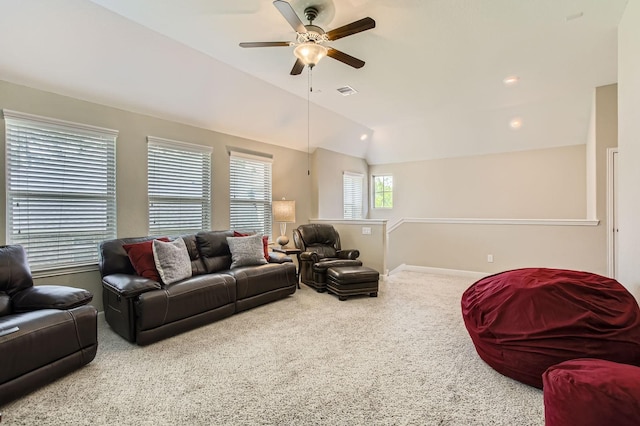 502 Pearl View Ln, Pinehurst, TX 77362 - living room with ceiling fan, carpet flooring, vaulted ceiling, and baseboards