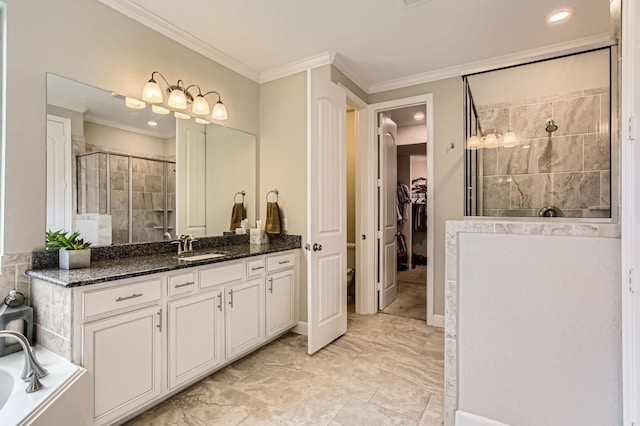 502 Pearl View Ln, Pinehurst, TX 77362 - full bath featuring a tile shower, vanity, ornamental molding, marble look tiles, and recessed lighting