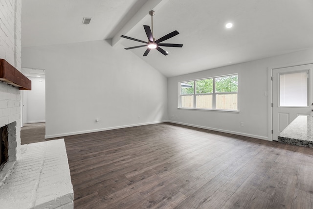 7414 Sunlight Ln, Houston, TX 77095 - unfurnished living room with ceiling fan, a fireplace, dark wood-style flooring, and baseboards