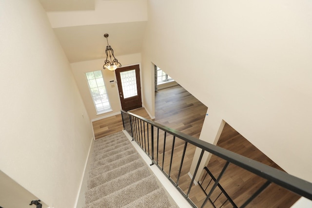 8606 Quail Vista Dr, Missouri City, TX 77489 - stairway with a towering ceiling, wood finished floors, and baseboards