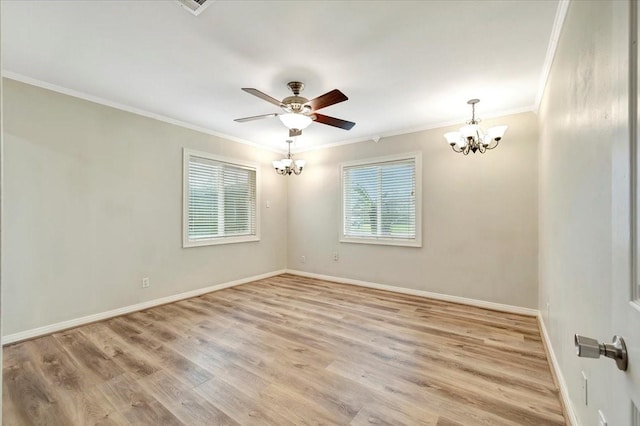 515 Canadian St, Houston, TX 77009 - empty room with a chandelier, ornamental molding, light wood-style floors, baseboards, and ceiling fan