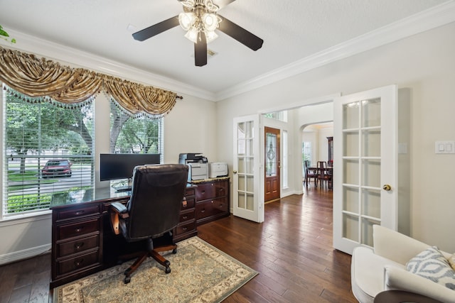 5539 Emerald Pointe Ct, Sugar Land, TX 77479 - office area with french doors, ornamental molding, healthy amount of natural light, and dark wood-style flooring